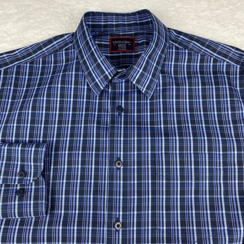 UNTUCKit Shirt Mens Medium Blue Plaid Wrinkle Free 100% Cotton